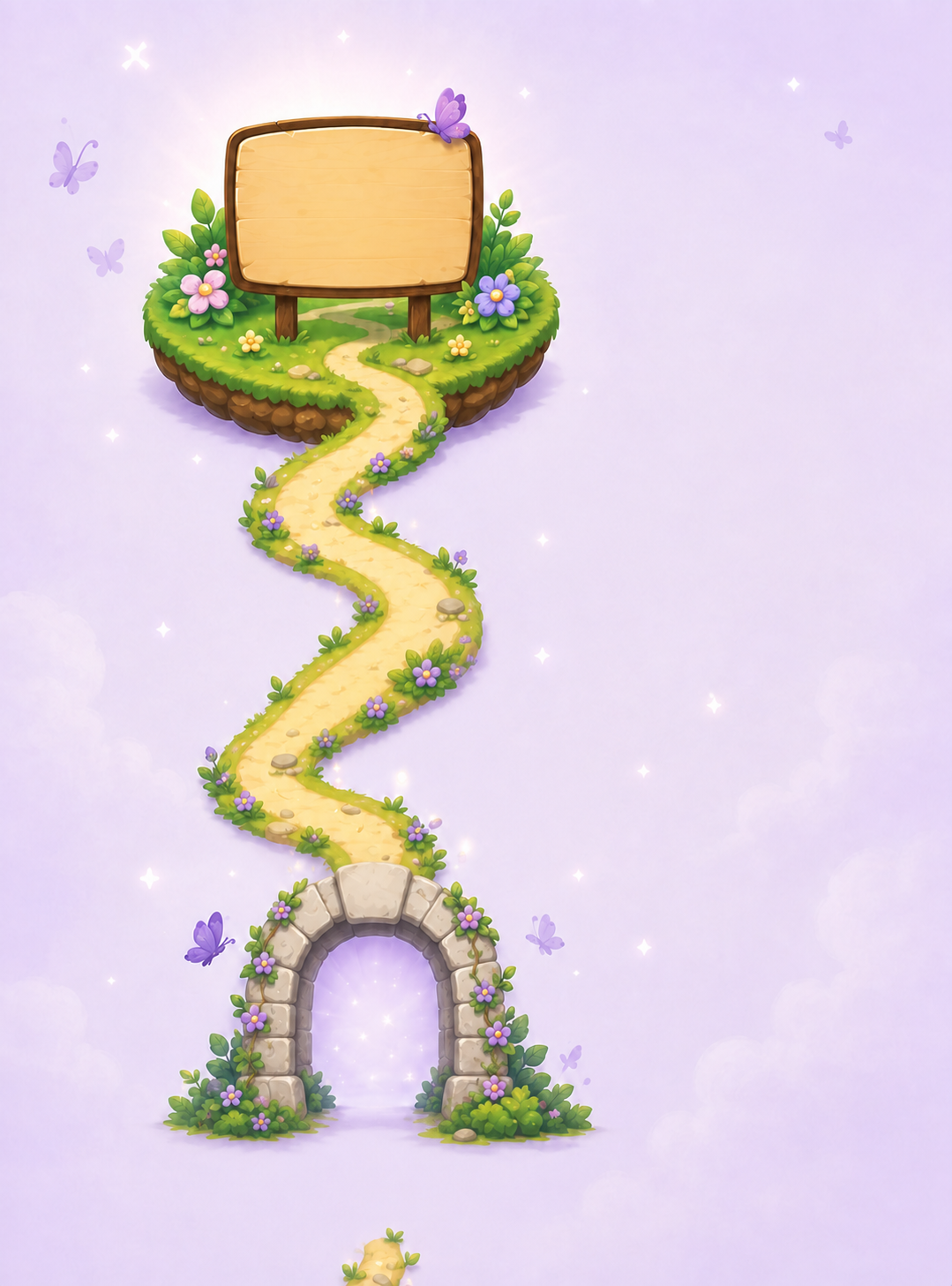 A flower island connected by a winding garden path to the next milestone archway